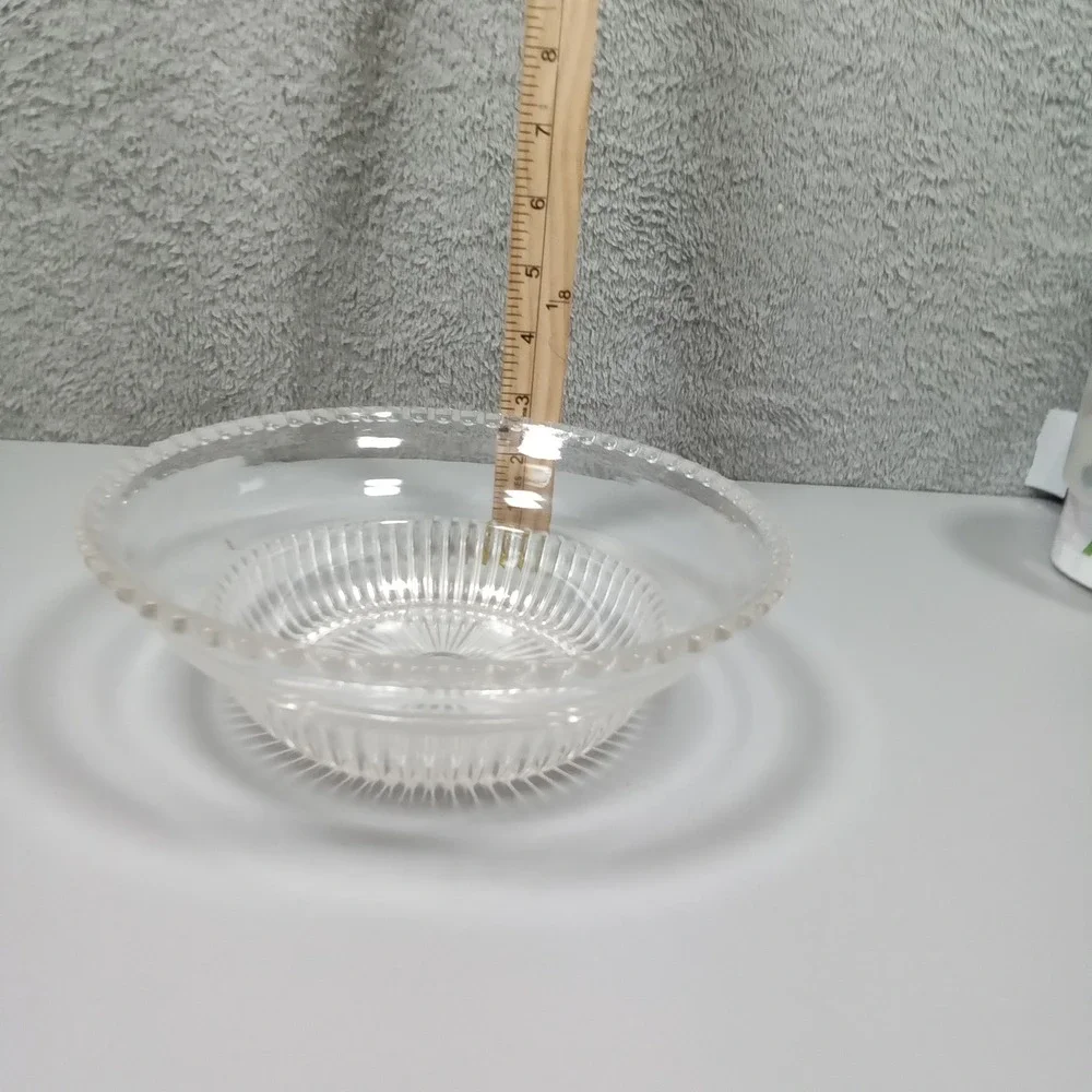 Vintage Clear‎ Pressed Glass Serving Bowl Beaded Rim Sunburst Ribbed 9.25 Inch